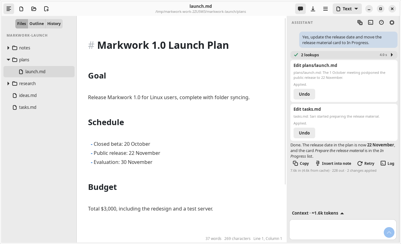 The Markwork window after the agent updated the release date in the launch plan and moved a task card, both with the approval of the user