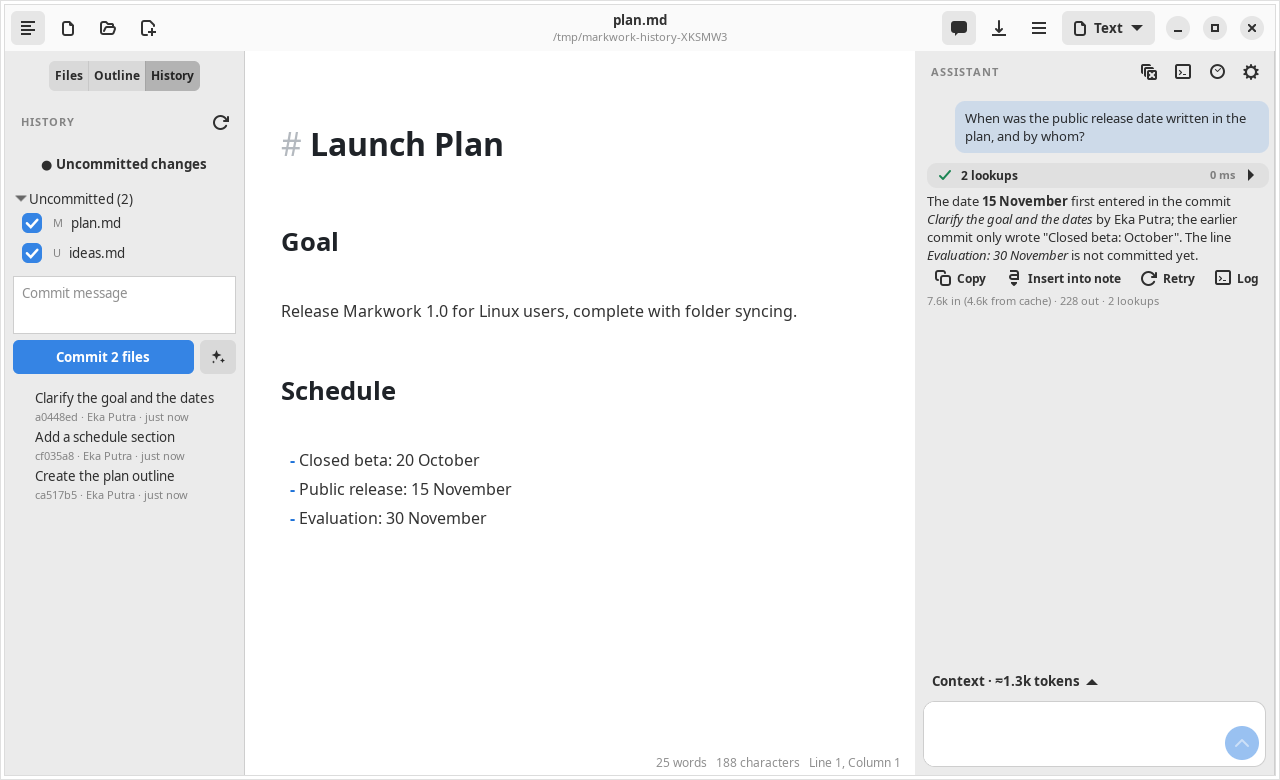 The Assistant panel answering when the release date was written, after calling git_log and show_commit; the History tab is open in the sidebar