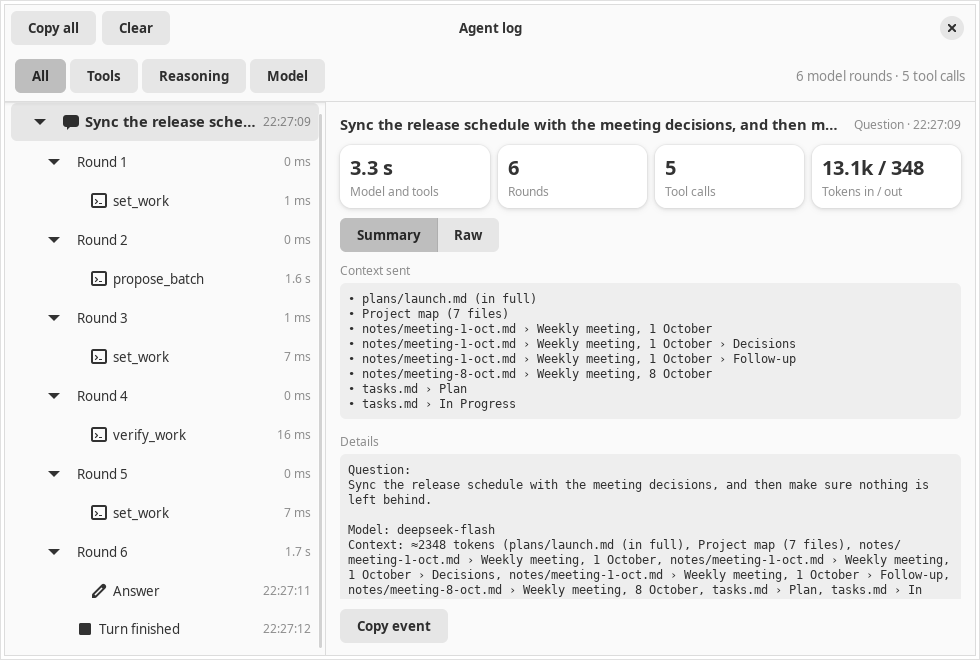 The Agent log window: a tree of one turn with its six model rounds and the tool calls set_work, propose_batch, and verify_work on the left, and the details of the selected step on the right