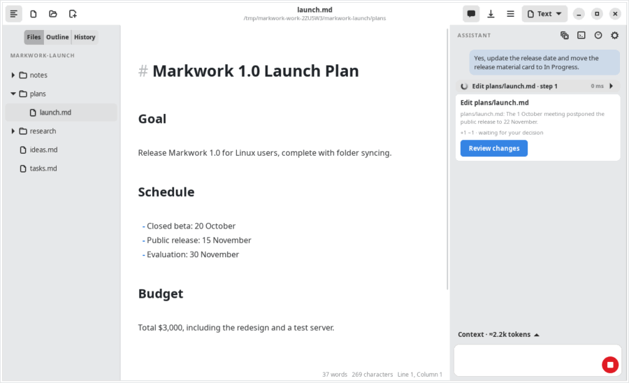 Animation of the agent proposing changes to a plan and a task board; the user applies both