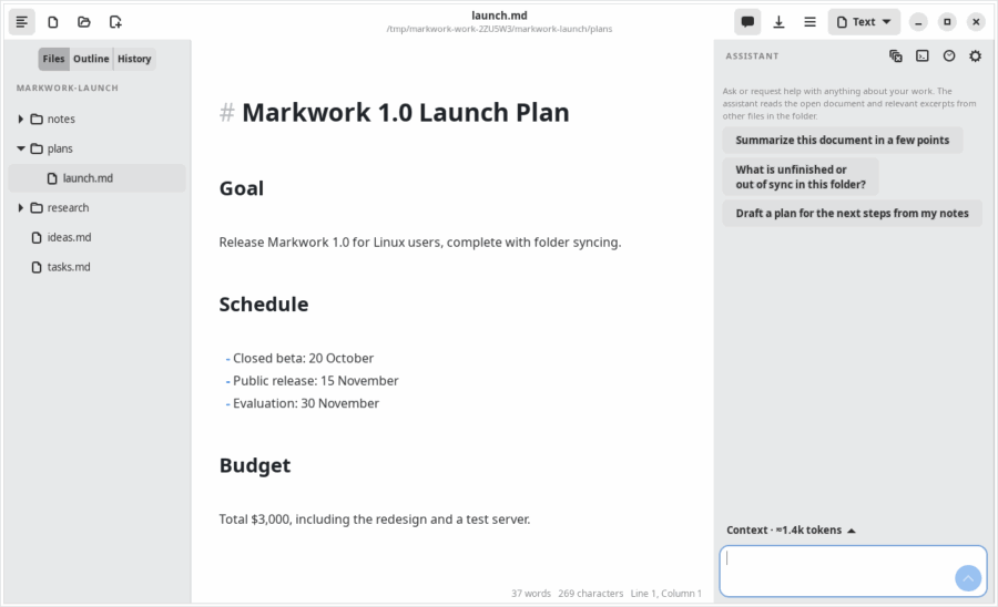 Animation of the Assistant panel answering a question about meeting decisions that have not made it into the launch plan