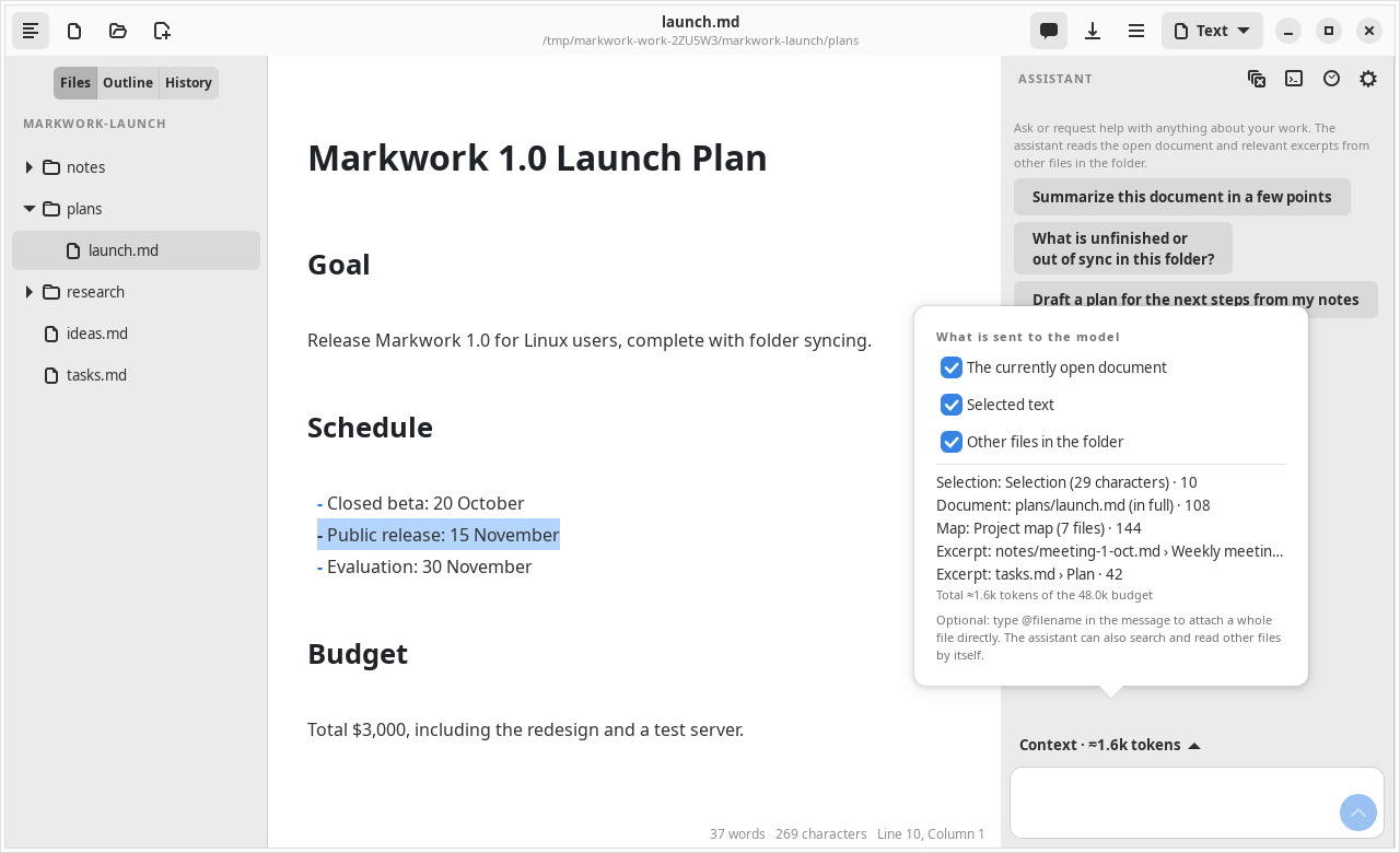 The Context popover in the Assistant panel: three switches and the breakdown of the selection, the document, the project map, and the excerpts with estimated tokens
