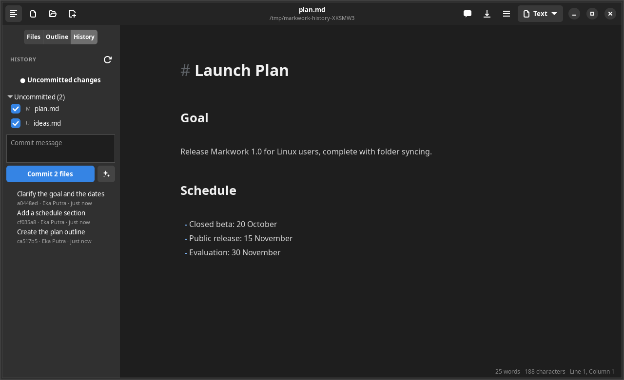 The History tab with the list of uncommitted files and three commits