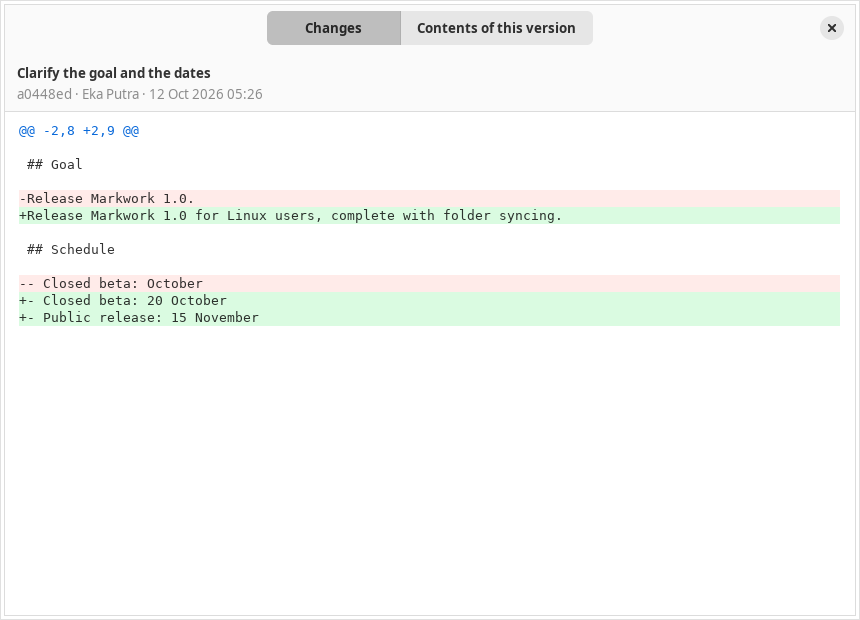 The diff window of a commit with colored added and removed lines