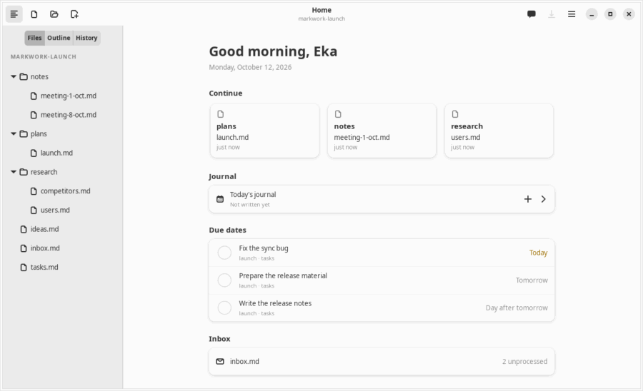Animation of the Home tab: a task due today is checked and disappears, and the journal row counts a new note