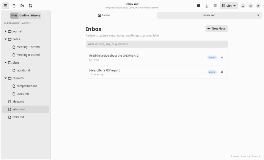 Animation of the inbox: two quick notes are typed and added to the top of the list