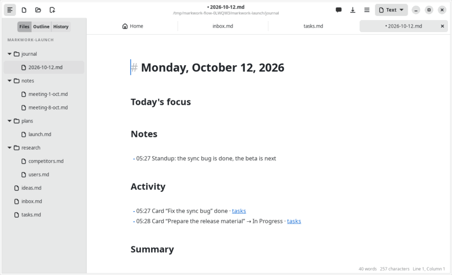Animation of the daily journal: notes and the activity of a card that was moved, then a new note is added