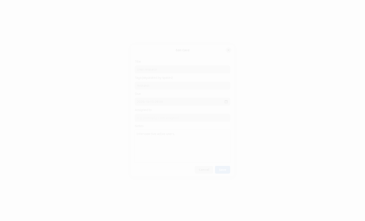 The card edit dialog with the title, tags, due date with a calendar button, assigned to, and notes fields