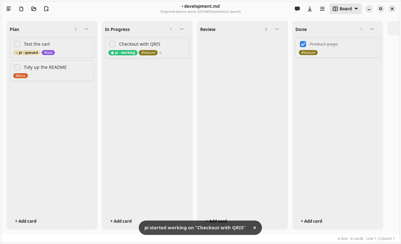 A kanban board with the card Checkout with QRIS showing pi working in In Progress and Test the cart showing pi queued in Plan