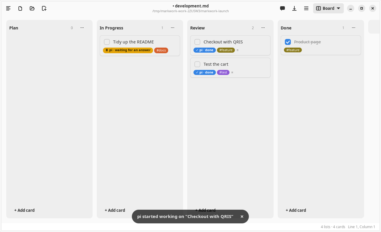 A kanban board: the card Tidy up the README shows pi waiting for an answer in In Progress, two other cards finished in Review