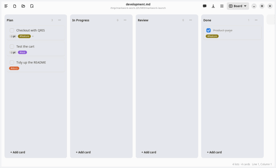 Animation of a kanban board: @pi cards are assigned, one works and one queues, both finish to Review, then a third card waits for an answer
