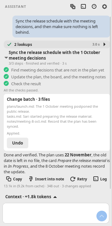 The Assistant panel showing the plan as a checklist: three steps with green checks, 3/3 steps, done and verified