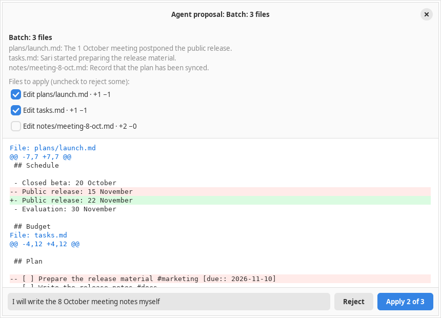 The review window of a three-file batch: one checkbox removed, a note for the agent filled in, the Apply 2 of 3 button