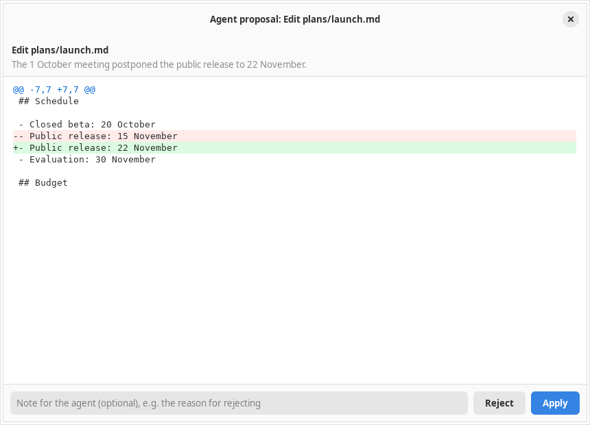 The agent proposal review window with a red-green diff and Reject/Apply buttons